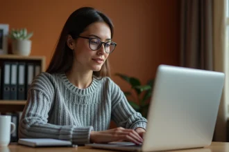 Femme accédant à un portail ENT scolaire depuis son bureau à domicile sur un ordinateur portable