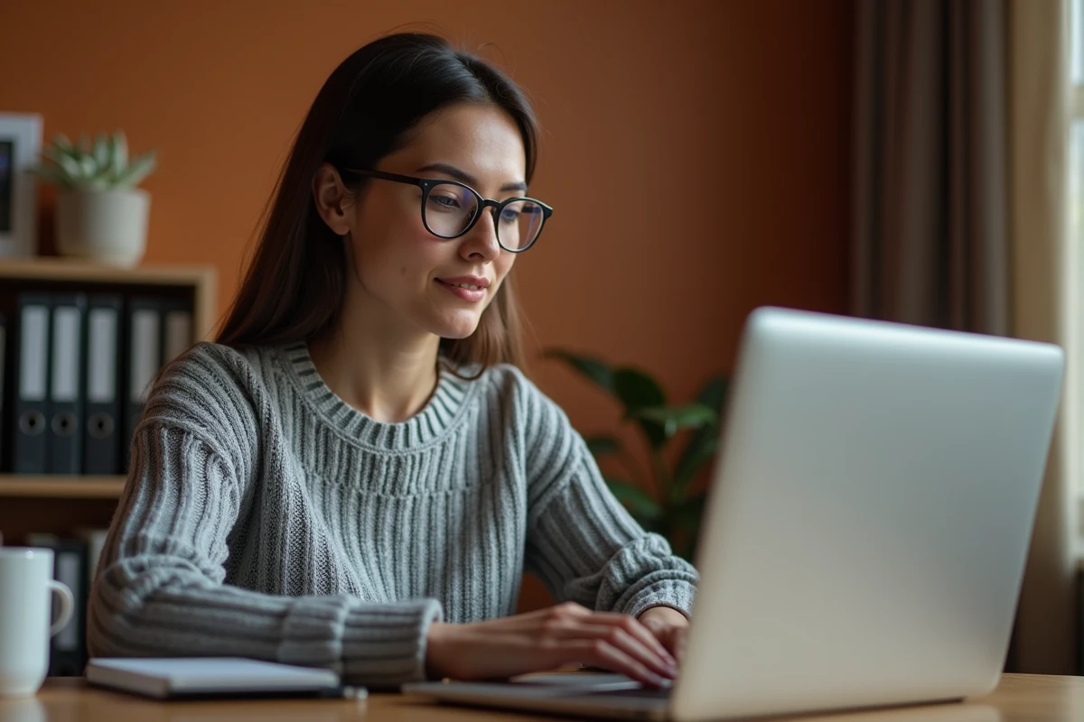 Femme accédant à un portail ENT scolaire depuis son bureau à domicile sur un ordinateur portable