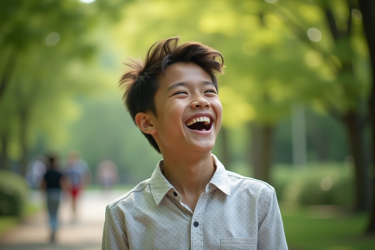 Adolescent riant dans un parc verdoyant