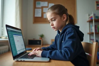 Adolescente consultant le portail ENT HEF sur un ordinateur portable pour suivre ses notes et absences depuis sa chambre