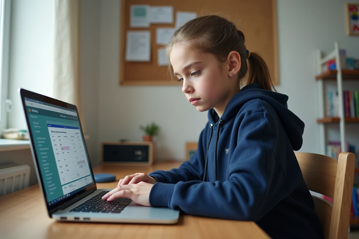 Adolescente consultant le portail ENT HEF sur un ordinateur portable pour suivre ses notes et absences depuis sa chambre