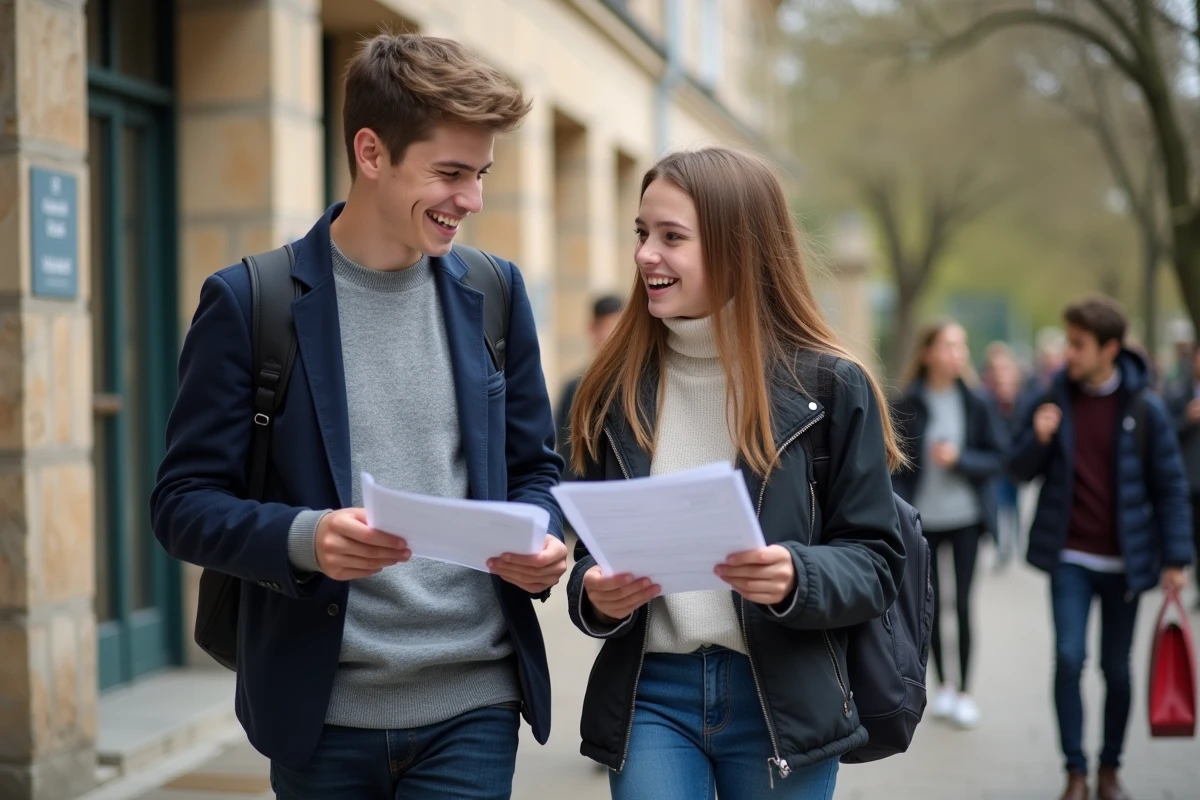 Deux adolescents français discutant devant le lycée en souriant