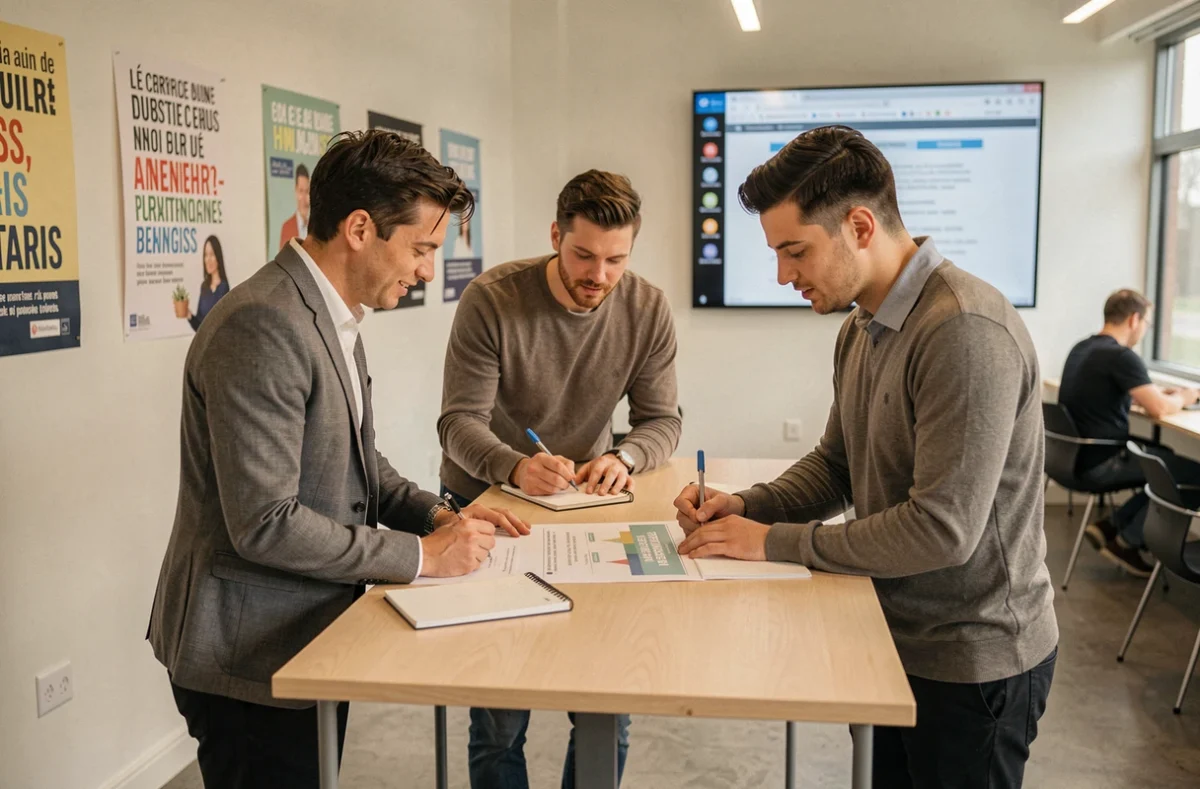 Trois adultes en formation continue collaborant sur des supports pédagogiques dans un espace moderne, illustrant Agiss Formation