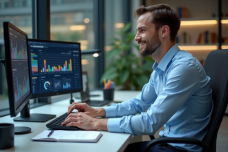 Analyste de données homme au bureau moderne avec écrans colorés