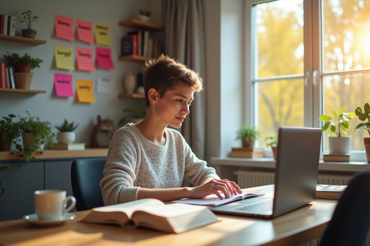 Personne étudiant le français à la maison avec livres et notes