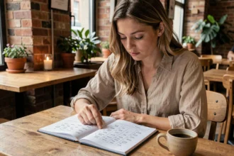 Jeune femme étudiant la conjugaison du verbe SER en espagnol dans un café, cahier ouvert sur une table en bois