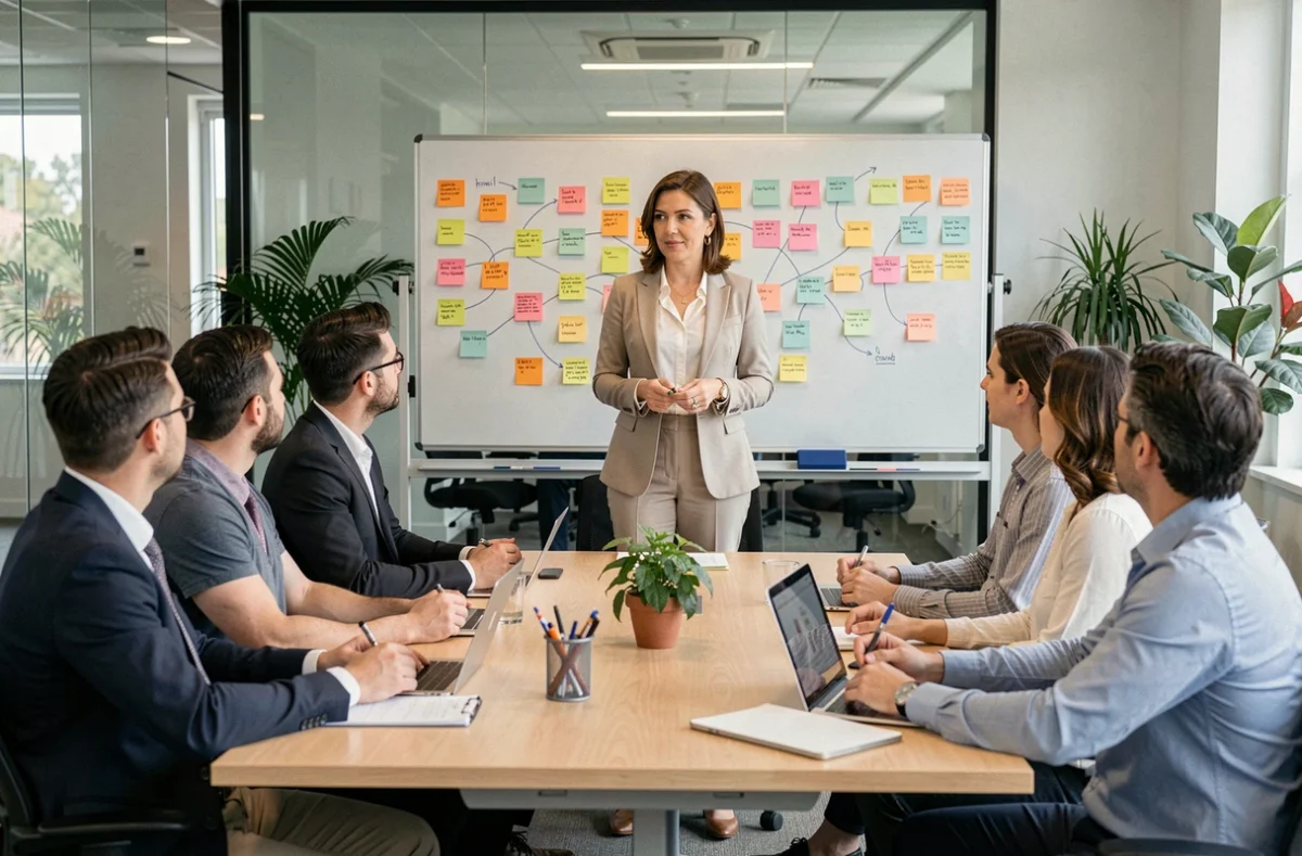 Formatrice animant un atelier de pédagogie active avec un groupe d'adultes autour d'une table de formation moderne