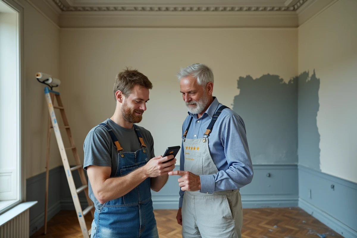 Deux artisans consultant les avis élèves d'une formation bricolage sur smartphone dans un appartement en rénovation