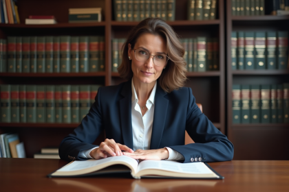Femme avocate en blazer bleu lit un livre de droit