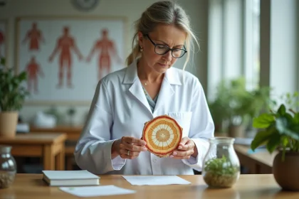 Botaniste femme examinant une tige végétale en laboratoire