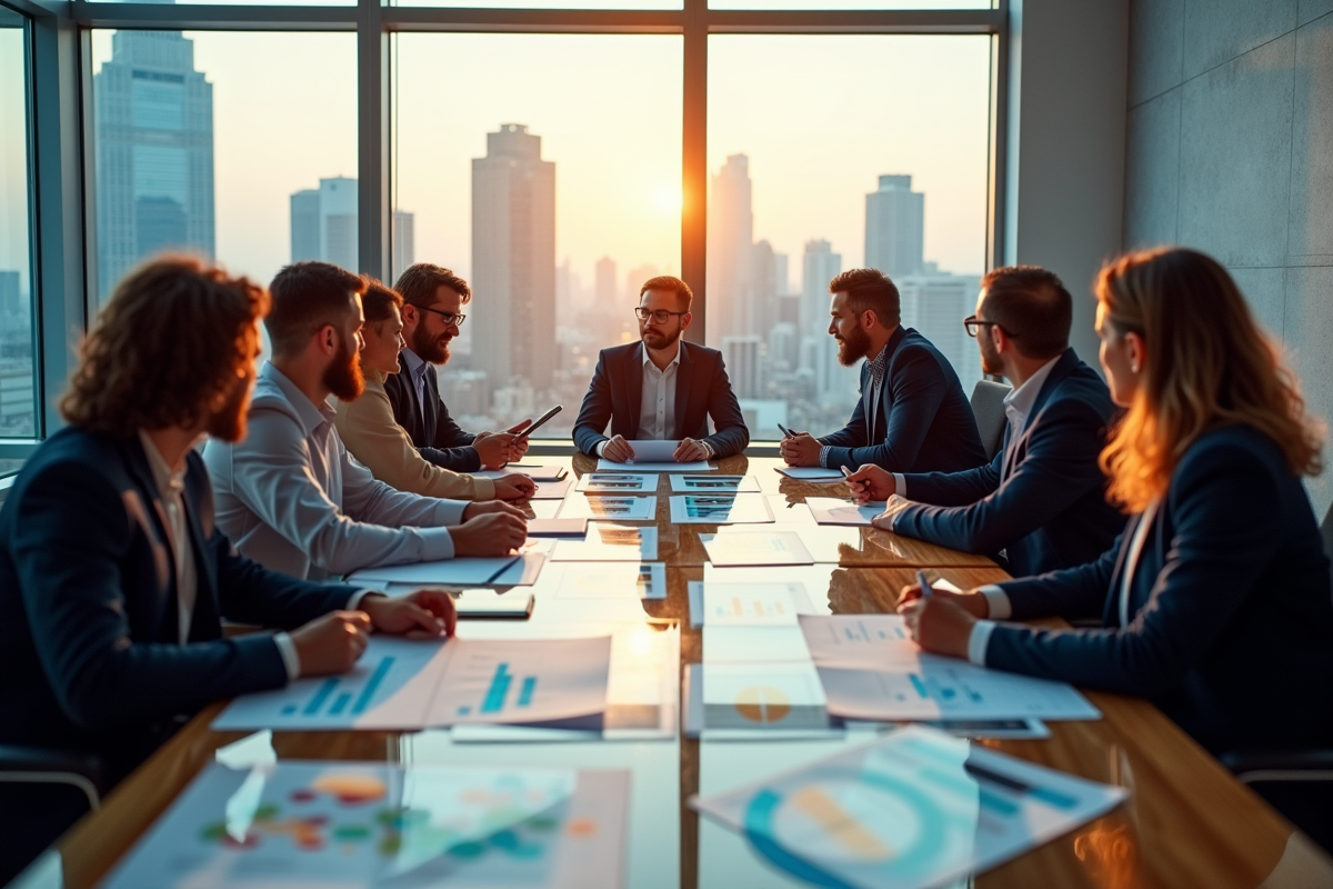 Groupe de professionnels en brainstorming avec graphiques colorés