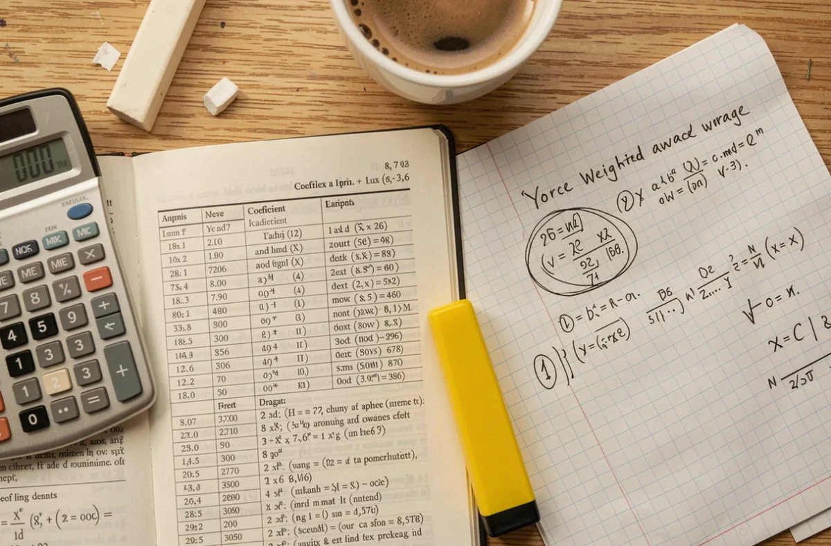 Vue aérienne d'un bureau étudiant avec calculatrice et notes de calcul de moyenne coefficientée