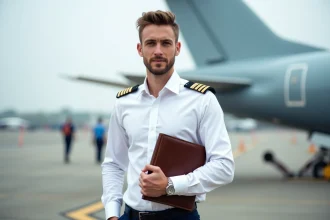 Jeune cadet pilote de ligne en uniforme devant un avion commercial sur le tarmac d'un aéroport régional