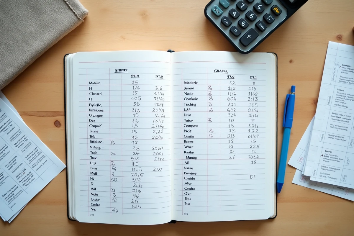 Vue aérienne d'un cahier ouvert avec tableau de notes et coefficients, calculatrice et stylo sur un bureau en bois