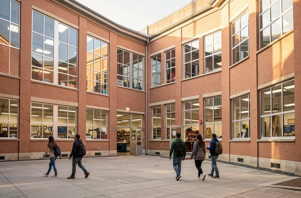 Campus d'une école d'ingénieurs avec ses ateliers et sa cour
