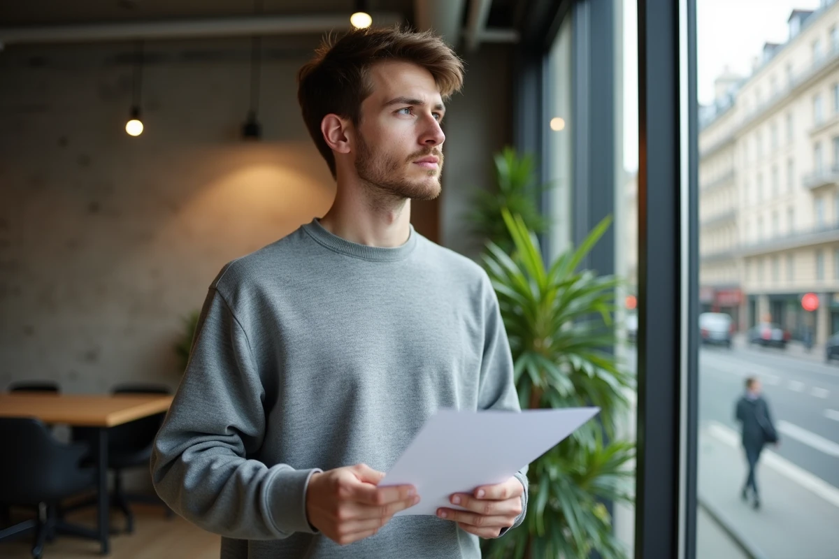 Jeune homme tenant une liste de masters alternatifs en mathématiques financières près d'une fenêtre dans un espace de coworking parisien