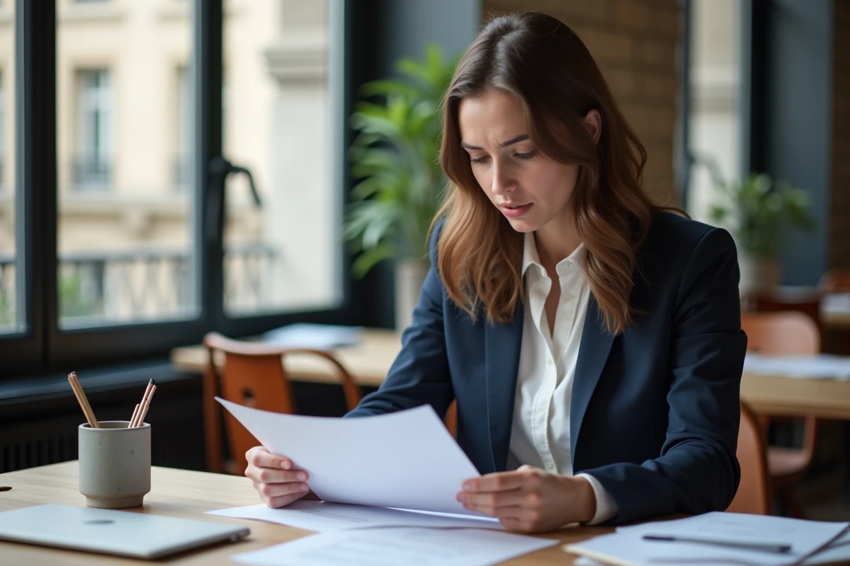 Jeune femme en blazer marine révisant sa candidature en alternance marketing digital dans un espace de coworking parisien