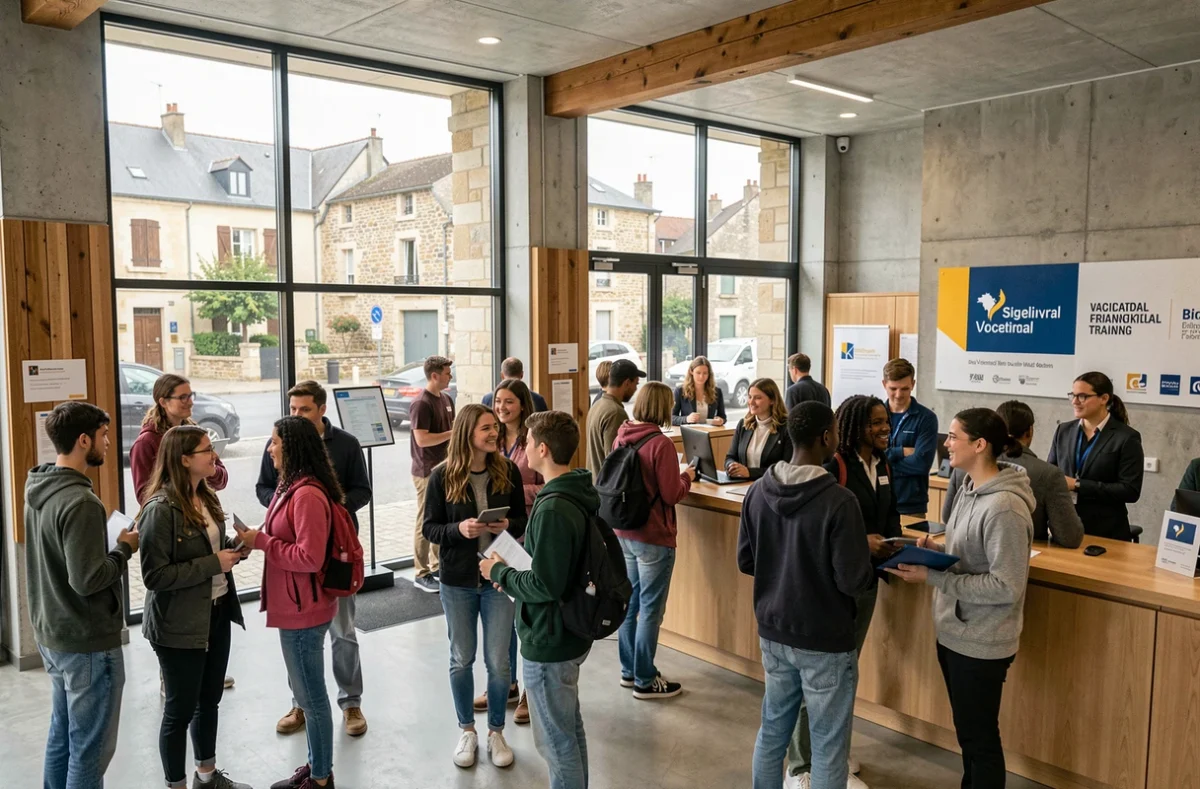Groupe d'étudiants et formateurs dans le hall d'un centre de formation en Bourgogne-Franche-Comté