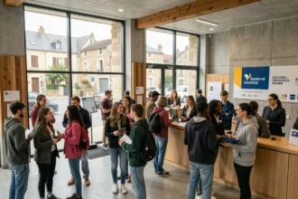 Groupe d'étudiants et formateurs dans le hall d'un centre de formation en Bourgogne-Franche-Comté