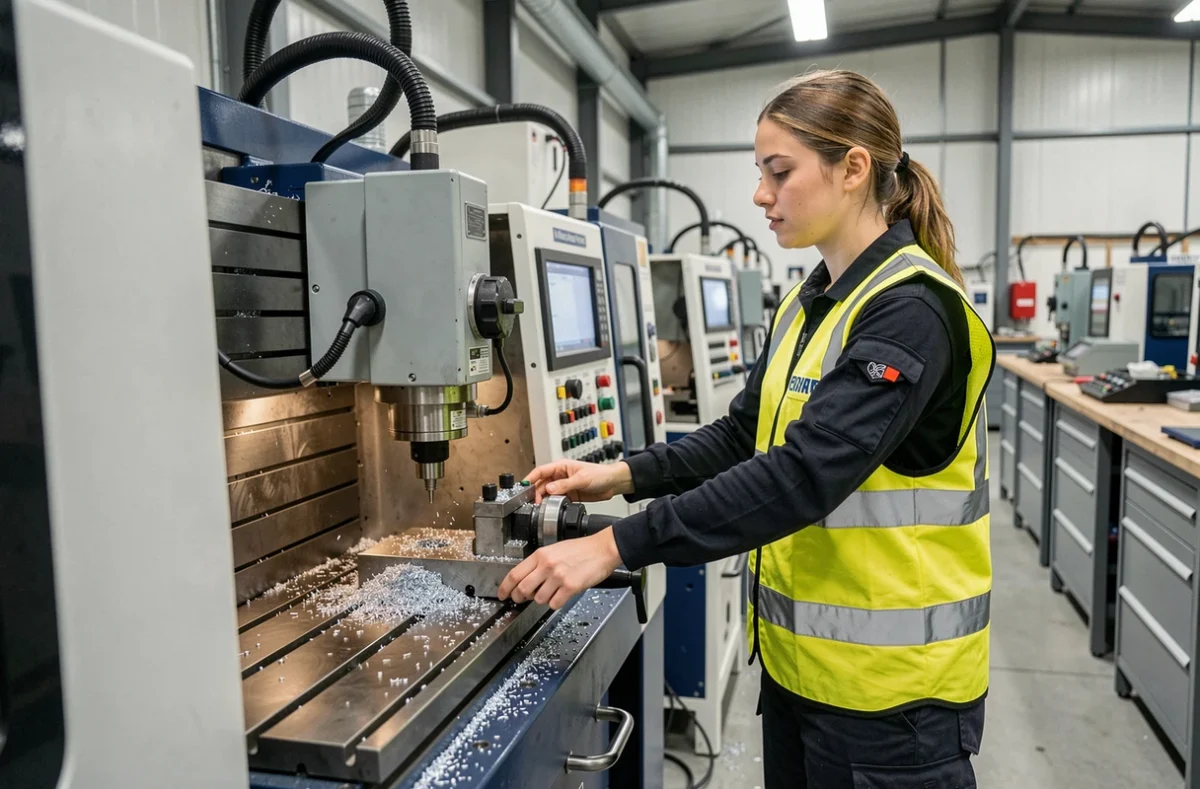 Apprentie opérant une machine CNC dans l'atelier industriel du CFA Industrie du Dauphiné à Moirans