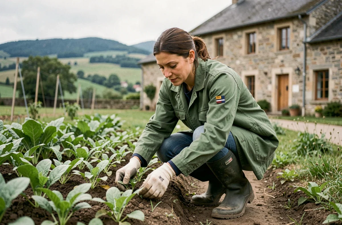 Stagiaire en formation agricole examinant des plants dans le jardin du lycée agricole de La Côte-Saint-André