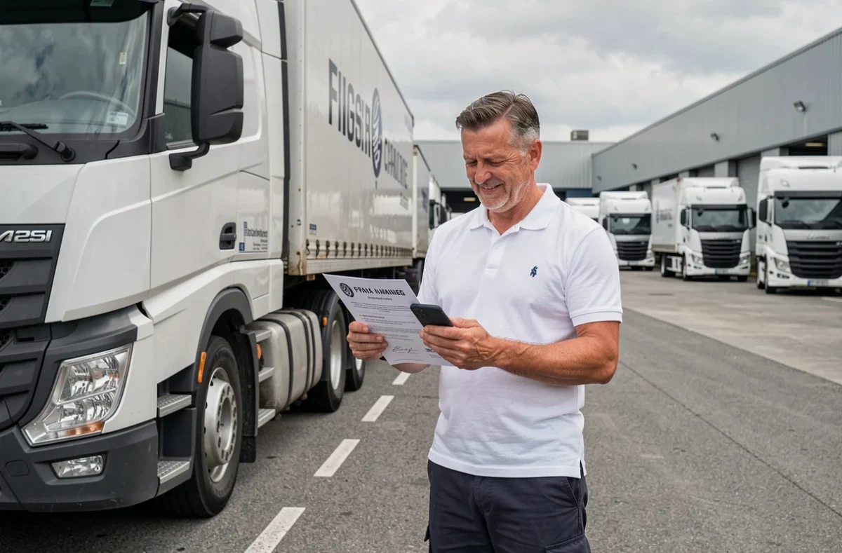Chauffeur de camion tenant une attestation de formation FIMO devant un dépôt logistique, symbolisant la validation professionnelle et le financement CPF