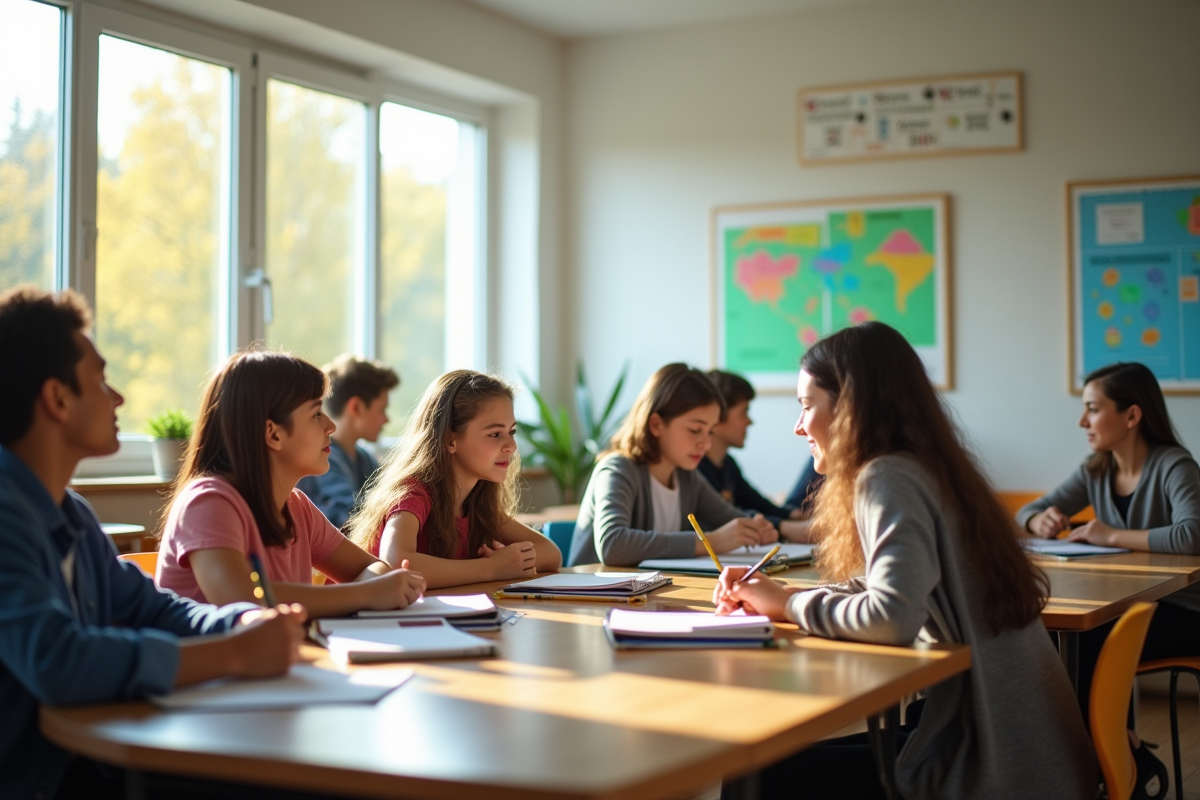 Étudiants en groupe dans une salle de classe lumineuse avec ordinateurs et posters éducatifs