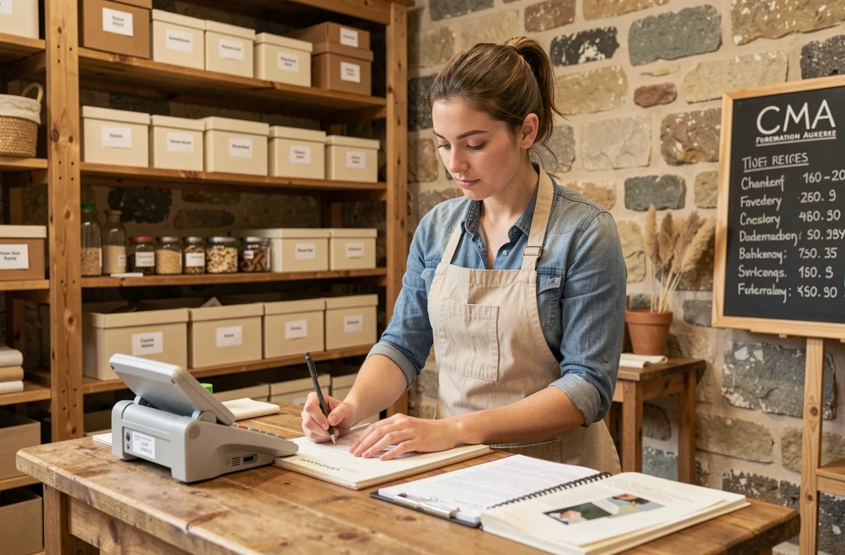 Étudiante en artisanat et gestion travaillant sur des documents comptables dans les locaux de CMA Formation Auxerre