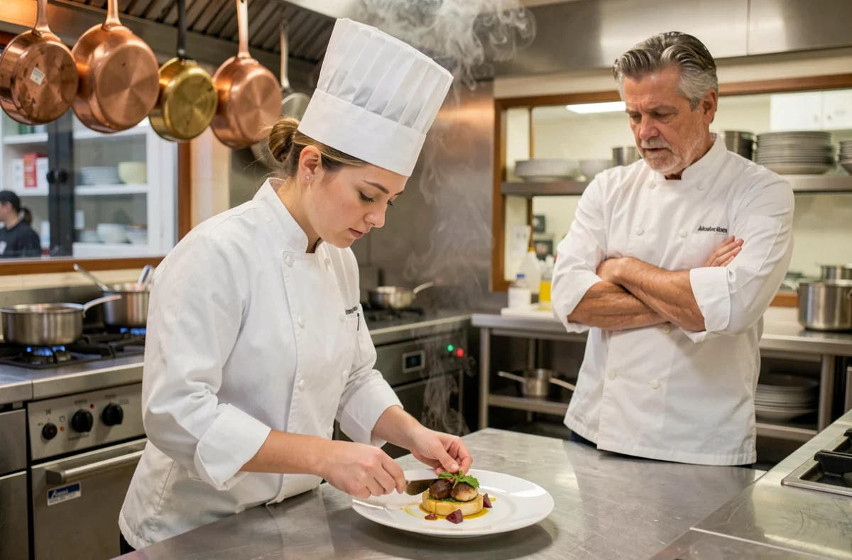 Étudiante en filière hôtellerie-restauration dressant une assiette dans la cuisine pédagogique de CMA Formation Chalon-sur-Saône