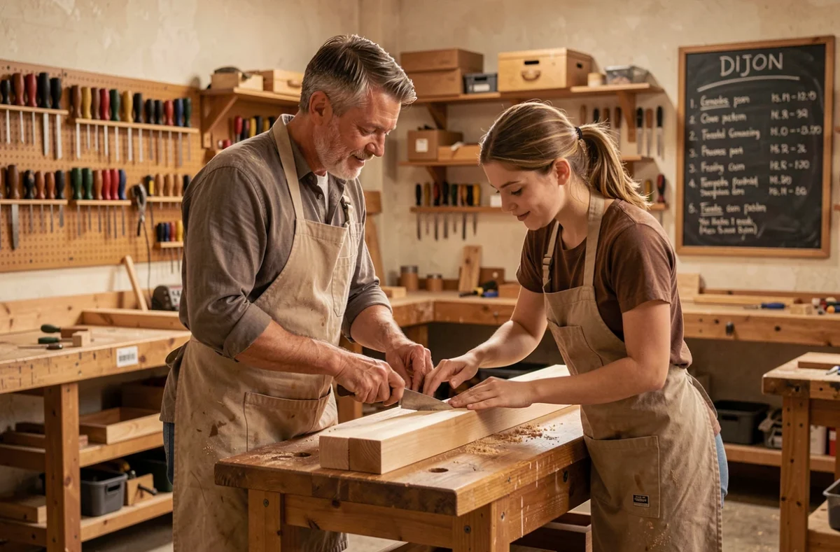 Formateur artisan guidant une apprentie en menuiserie dans un atelier de la CMA Formation Dijon