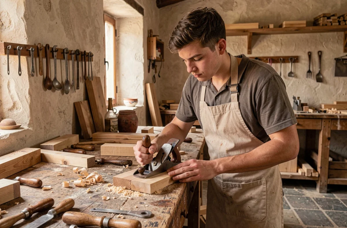 Apprenti artisan en formation au travail du bois dans un atelier manuel à Le Beausset dans le Var