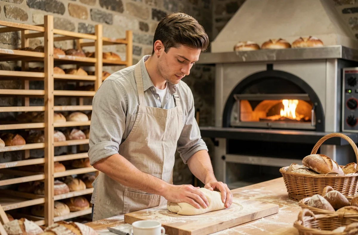 Apprenti boulanger façonnant du pain dans l'atelier des métiers alimentaires de CMA Formation Mercurey en Saône-et-Loire