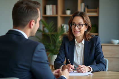Femme en blazer navy écoute un client en réunion