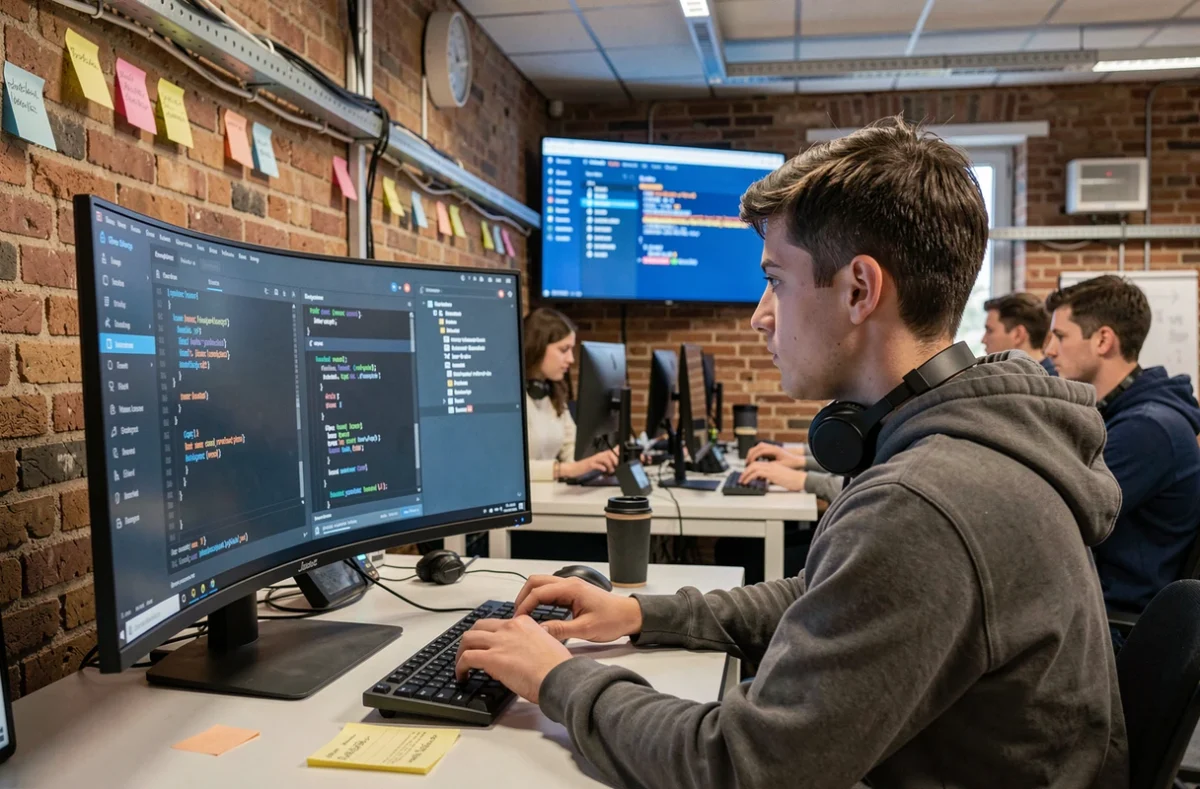 Étudiant en développement web concentré sur son code dans les locaux de Coda Dijon, école informatique