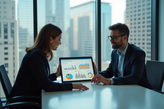 Deux collègues collaborent sur une tablette en milieu de travail moderne