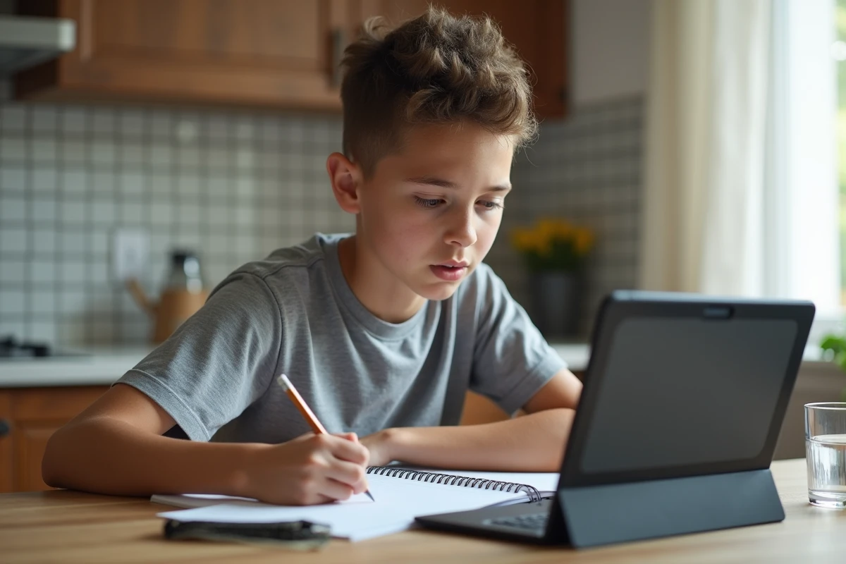 Collégien faisant ses devoirs à la maison en consultant ses notes sur l'ENT Normandie via tablette