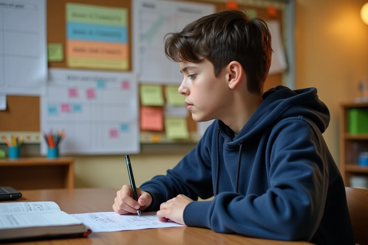 Collégien concentré qui consulte une liste de métiers affichée sur un tableau de liège en classe
