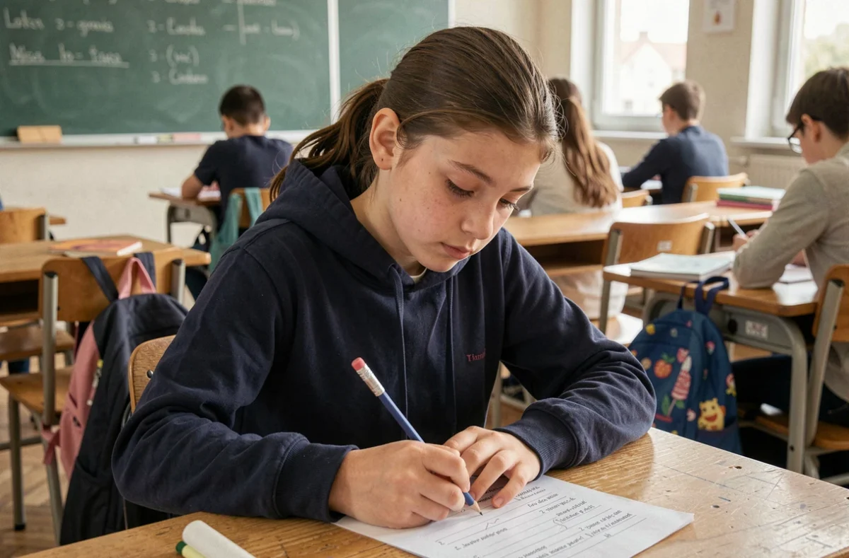 Collégienne concentrée sur un test de QI scolaire assis à un bureau de classe avec un crayon à la main