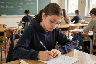 Collégienne concentrée sur un test de QI scolaire assis à un bureau de classe avec un crayon à la main