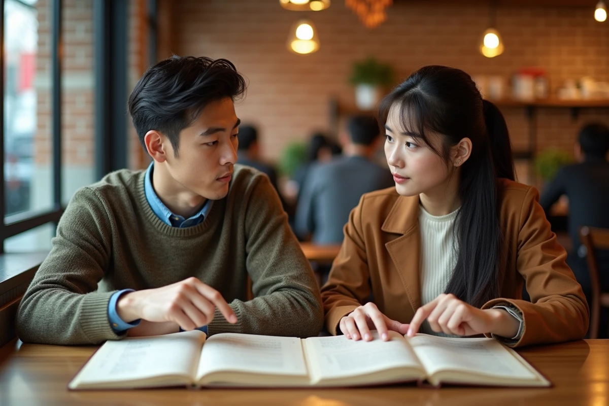 Deux étudiants comparant des livres de japonais et de chinois dans un café, illustrant la confusion entre les deux langues pour les débutants