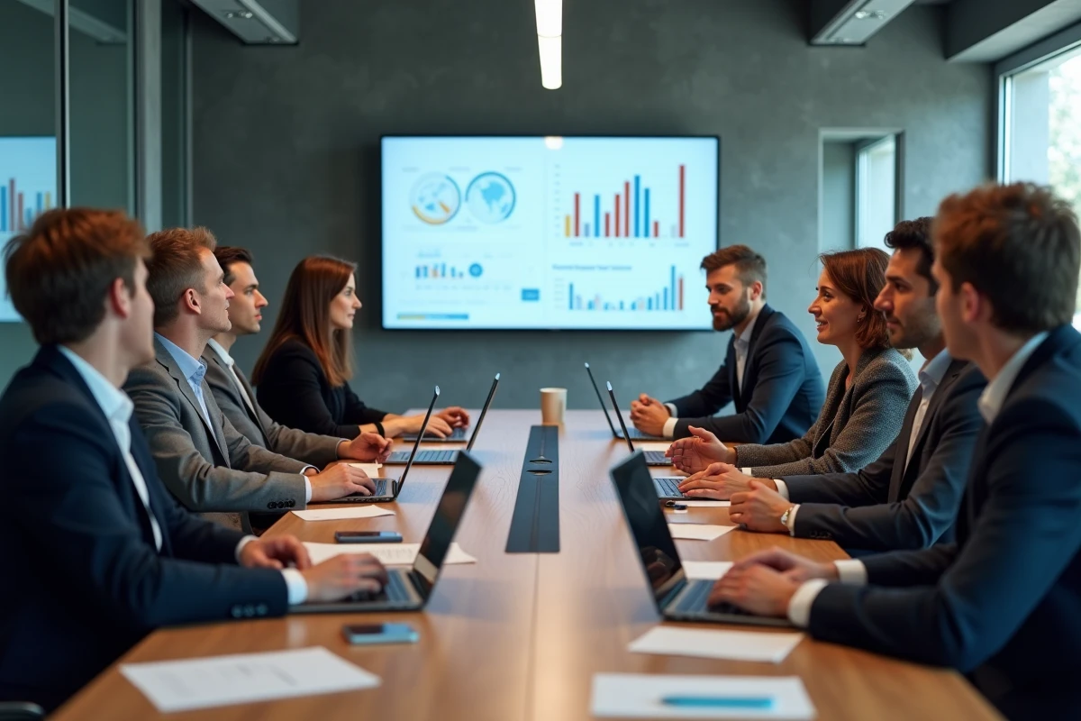 Équipe professionnelle en conférence de formation digitale dans une salle de séminaire moderne à Paris