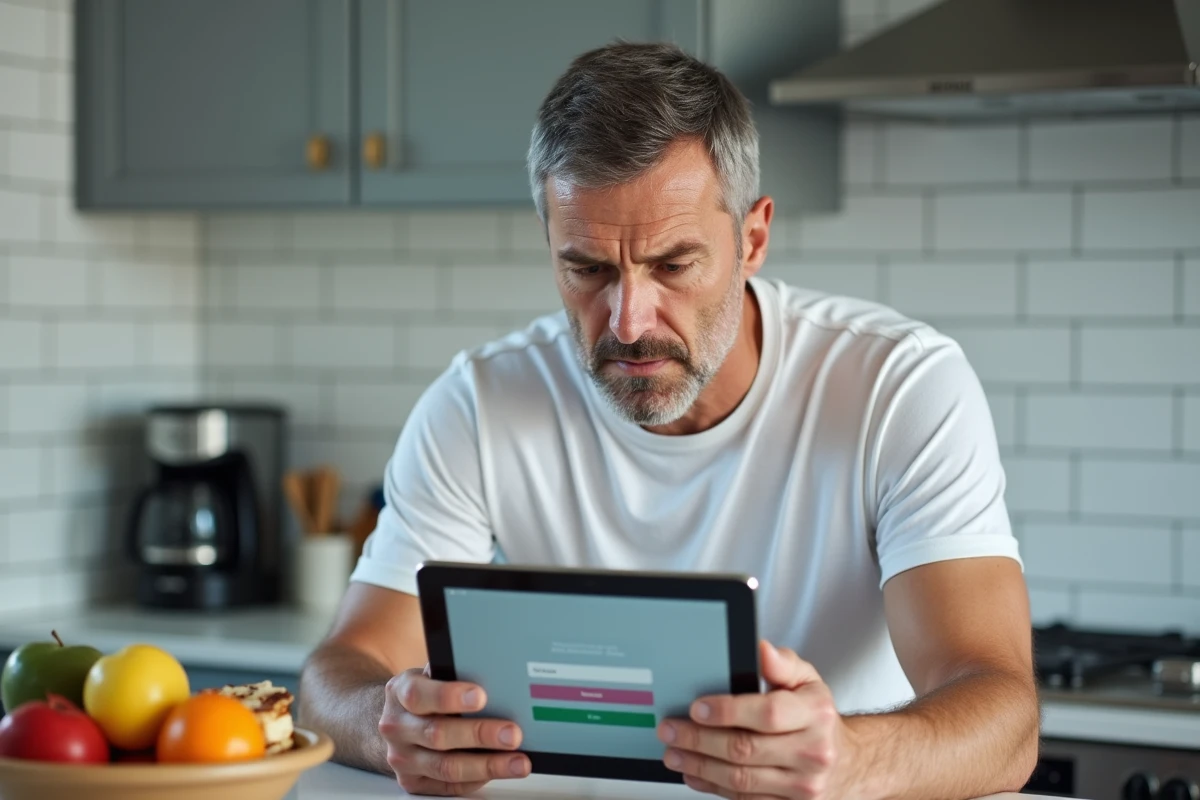 Parent vérifiant l'accès à l'ENT77 depuis une tablette dans la cuisine le matin