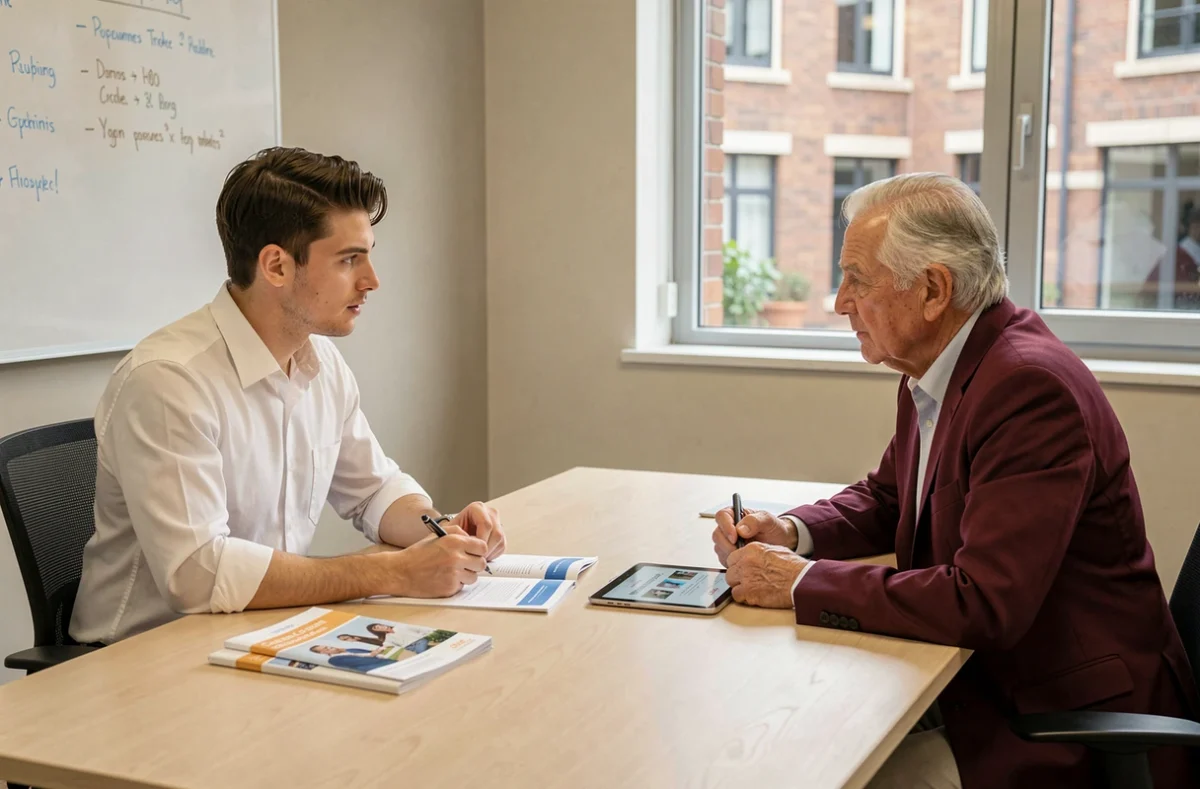 Conseiller en formation expliquant les modalités du CPF à un adulte en reconversion professionnelle