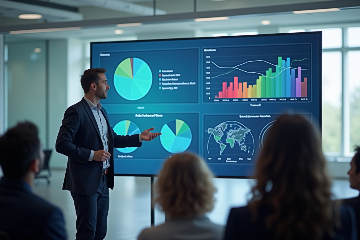Consultant présentant des visualisations de données sur un grand écran