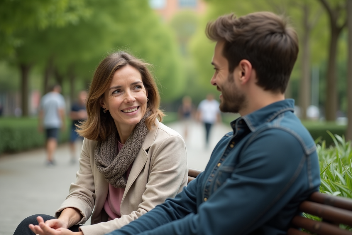 Jeune homme et femme discutant dans un parc en plein air