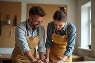 Couple participant à un atelier bricolage DIY, ponçant ensemble une planche en bois dans un atelier de rénovation convivial