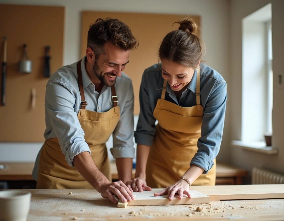 Couple participant à un atelier bricolage DIY, ponçant ensemble une planche en bois dans un atelier de rénovation convivial