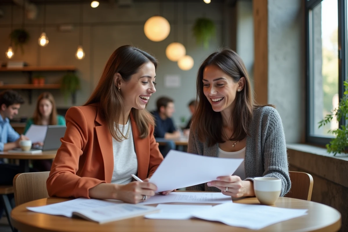 Deux femmes en reconversion professionnelle étudiant ensemble des supports de formation en aménagement intérieur dans un espace de coworking moderne