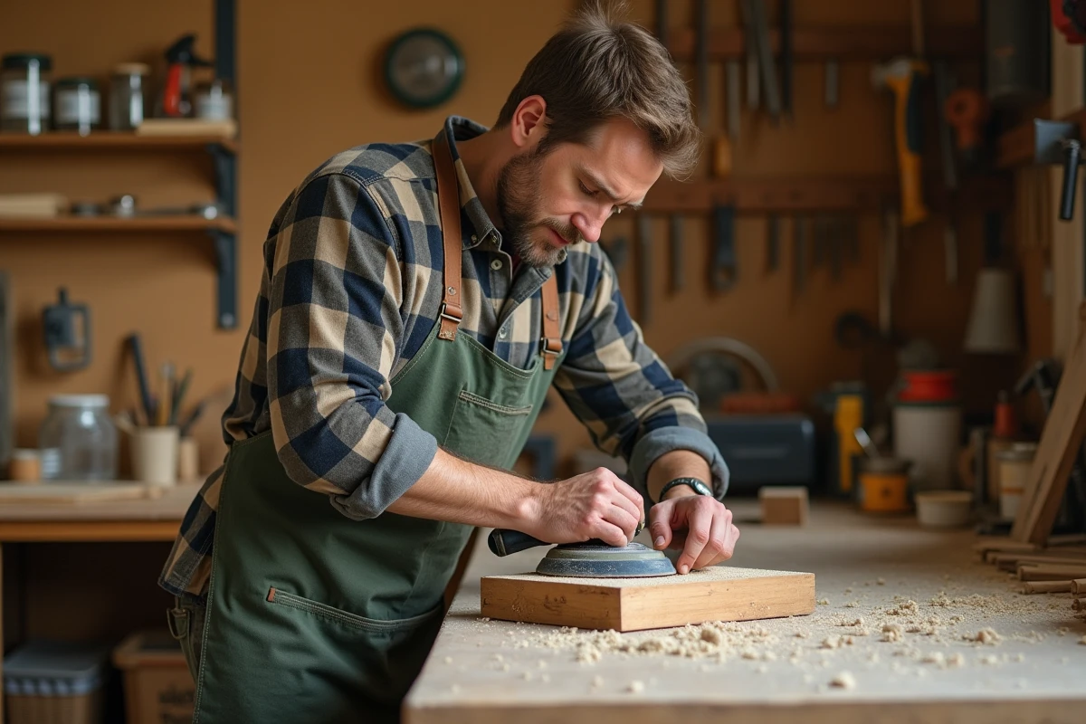 Homme adulte ponçant une étagère en bois dans un atelier de bricolage maison après 3 mois de cours bricolage