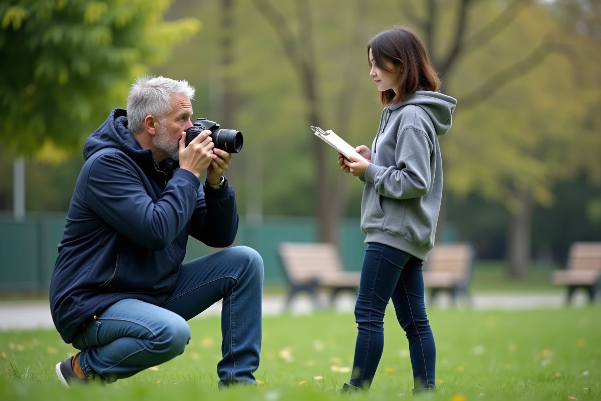 Cours de photographie en plein air dans un parc urbain avec un instructeur guidant une étudiante sur la technique de prise de vue